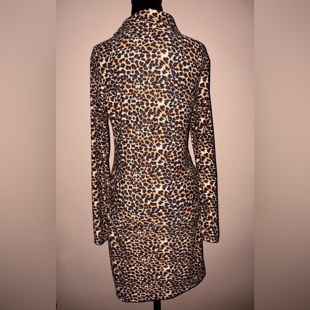 Leopard Print Midi Long Sleeve Collar Cotton Dress with center cinching - Picture 4 of 4